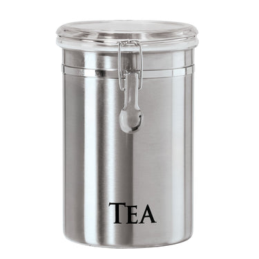 Oggi Stainless Steel Tea Canister 62 fl oz - Airtight Clamp Lid, Clear See-Thru Top - Ideal for Tea Bag Storage, Loose Tea Storage, Kitchen Storage, Pantry Storage. Large Size 5